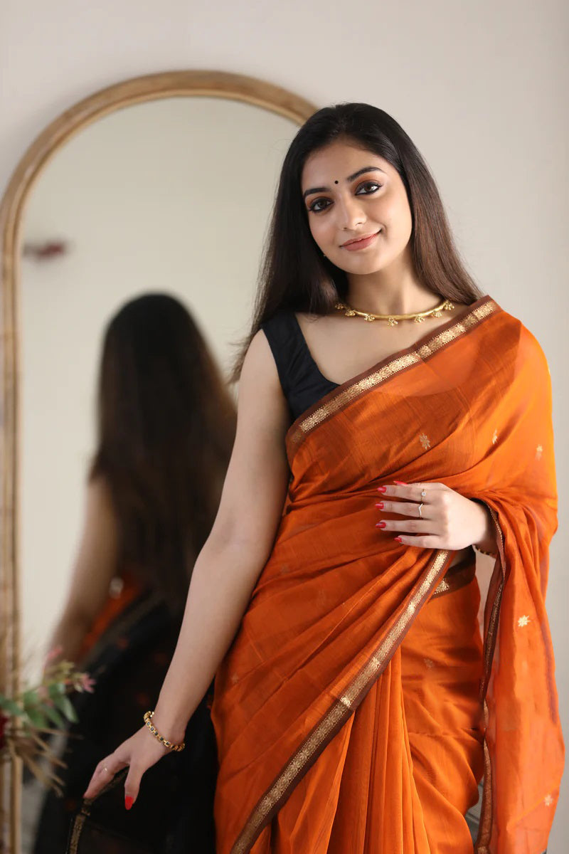 Marvellous Orange Cotton Silk Saree With Enticing Blouse Piece