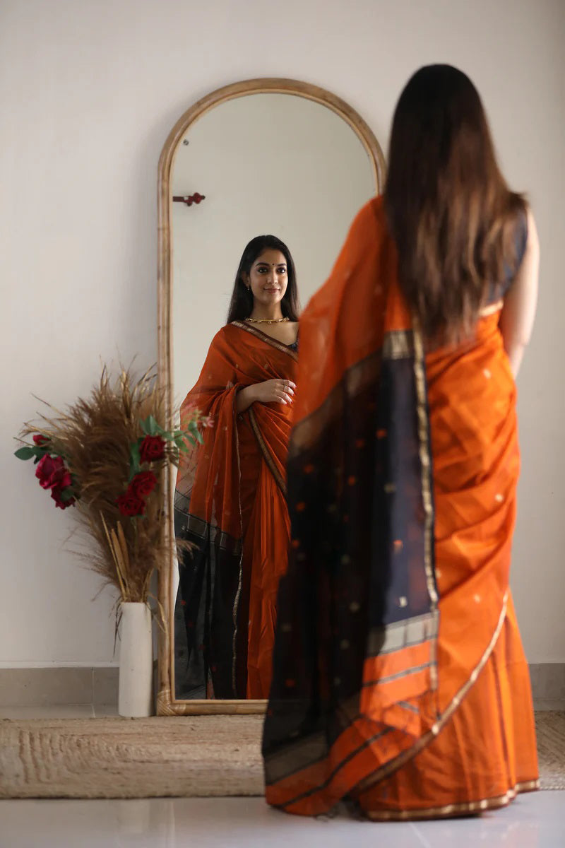 Marvellous Orange Cotton Silk Saree With Enticing Blouse Piece