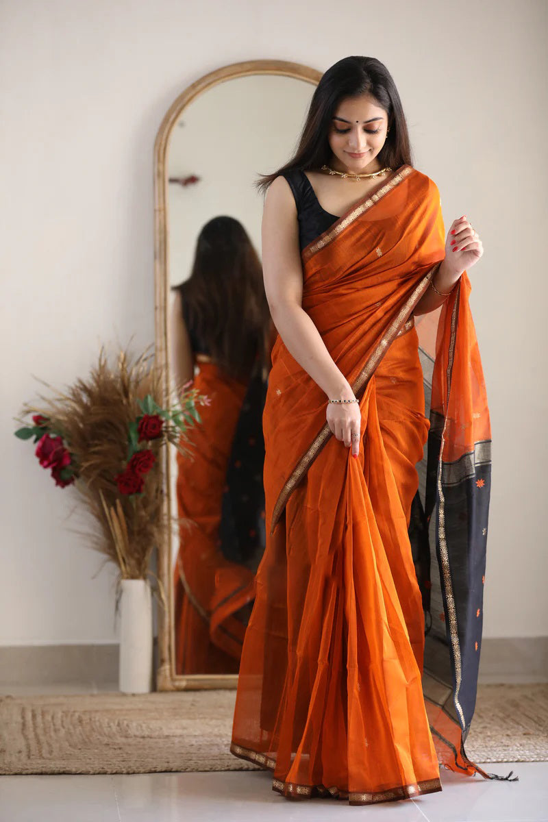 Marvellous Orange Cotton Silk Saree With Enticing Blouse Piece