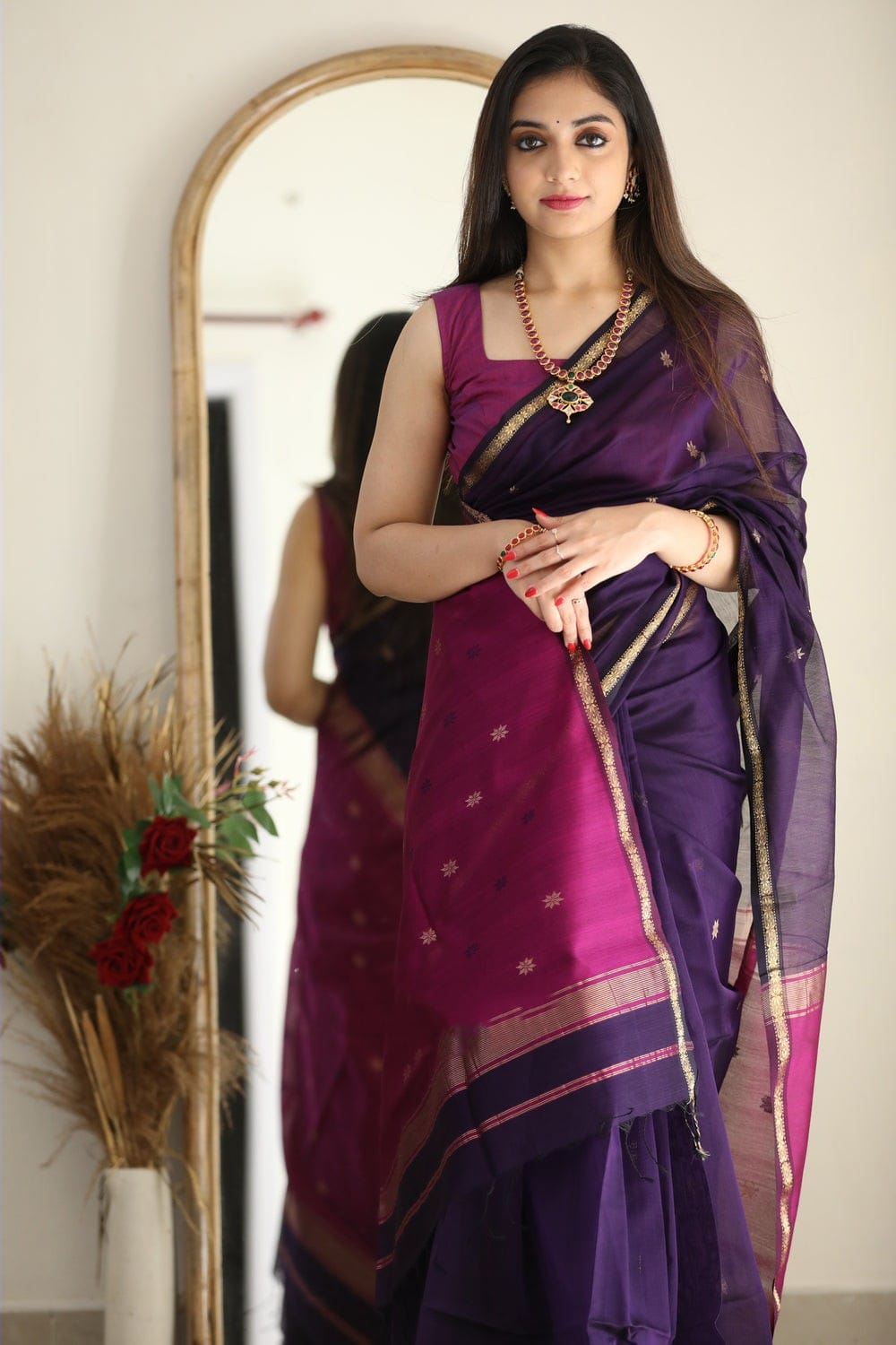 Breathtaking Purple Cotton Silk Saree With Bucolic Blouse Piece