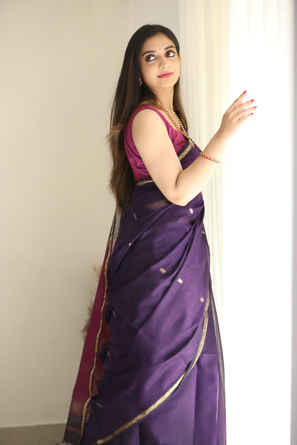 Breathtaking Purple Cotton Silk Saree With Bucolic Blouse Piece