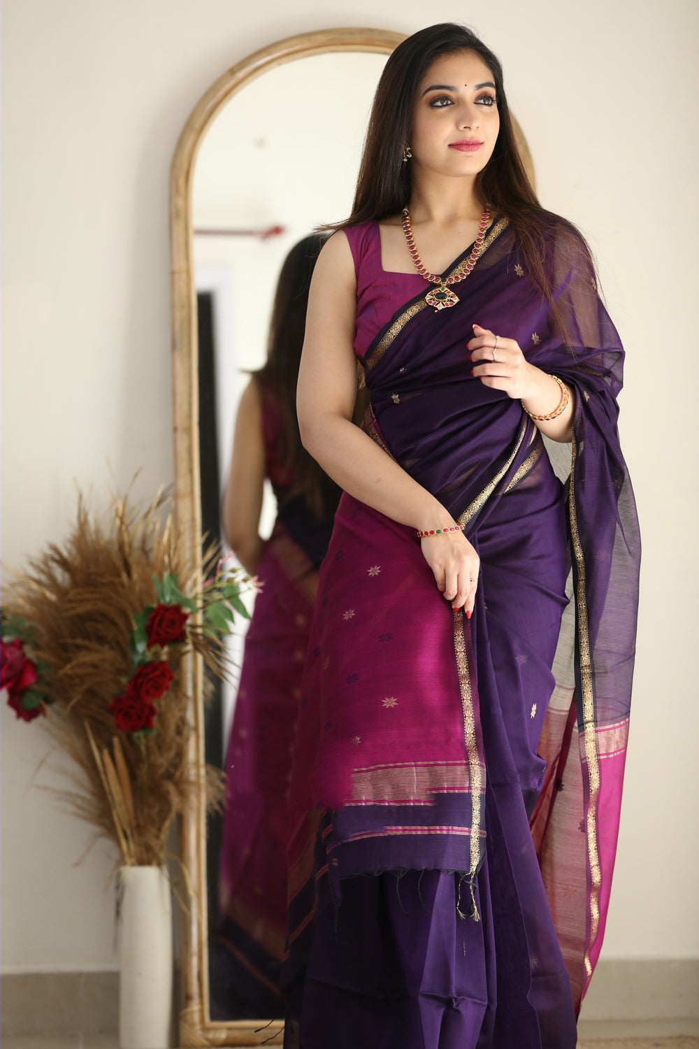 Breathtaking Purple Cotton Silk Saree With Bucolic Blouse Piece