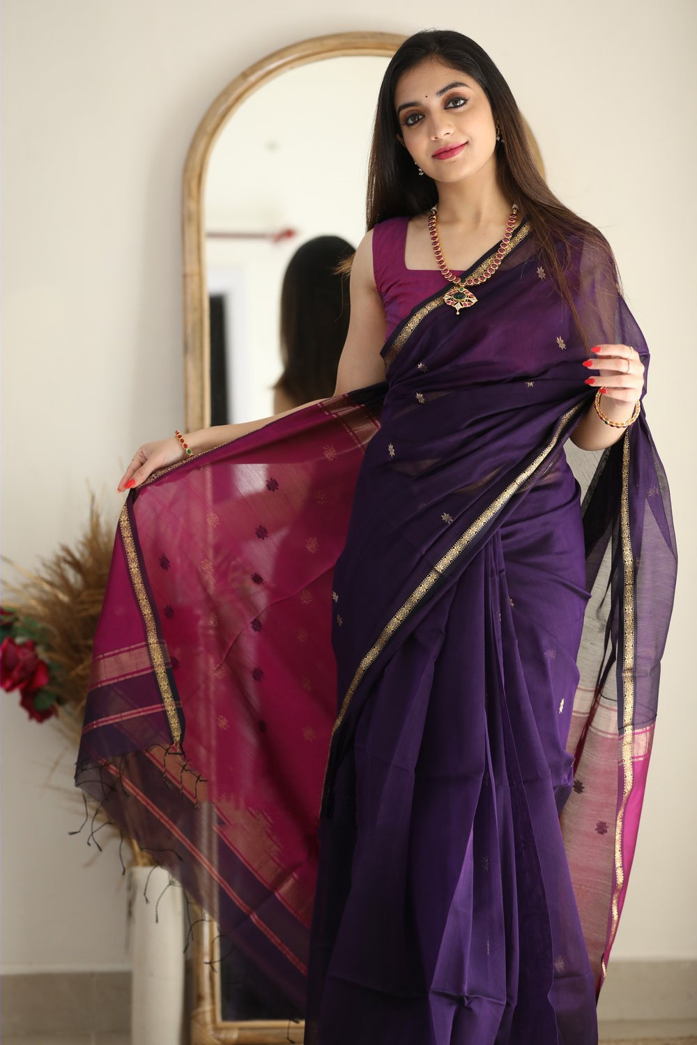 Breathtaking Purple Cotton Silk Saree With Bucolic Blouse Piece