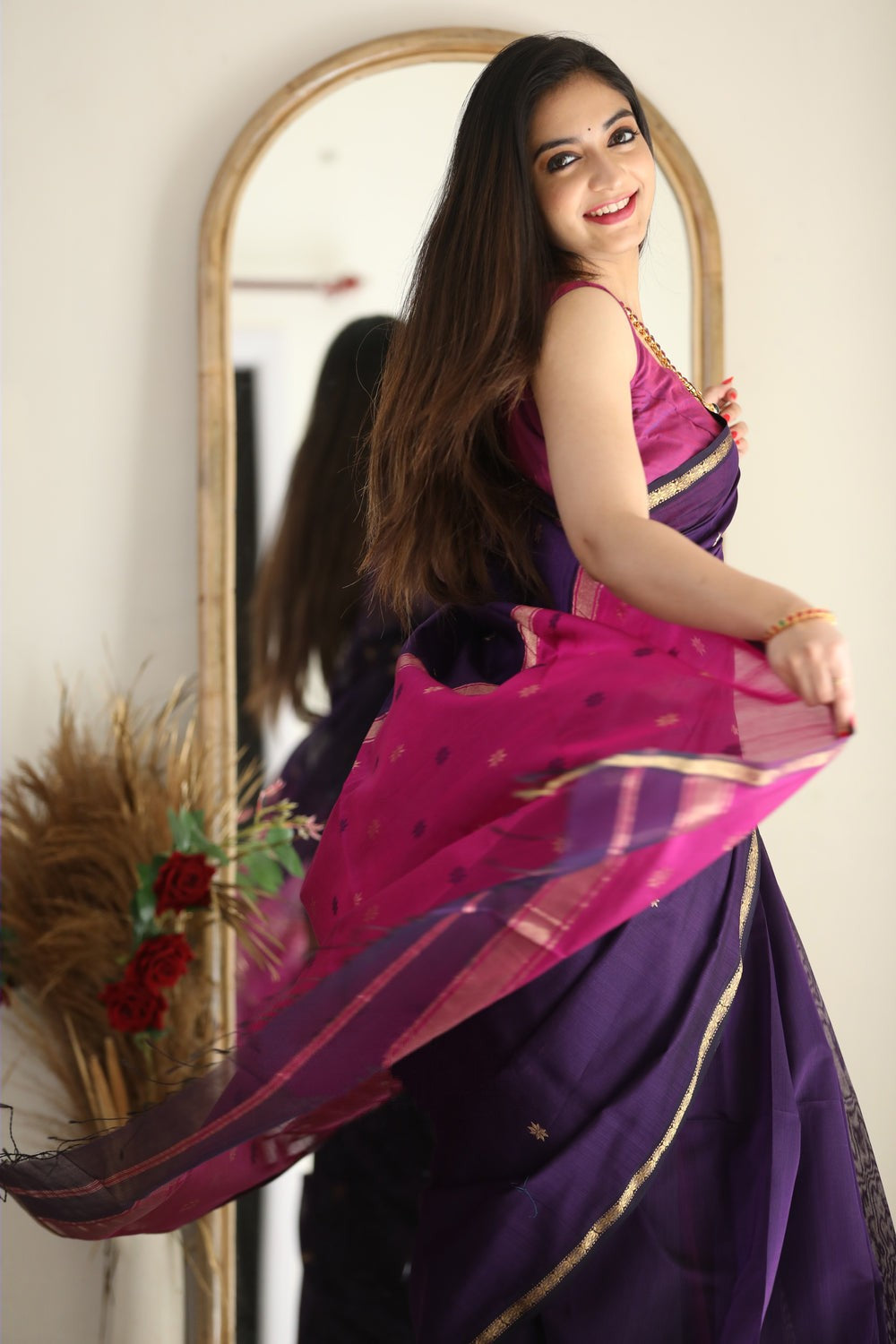 Breathtaking Purple Cotton Silk Saree With Bucolic Blouse Piece