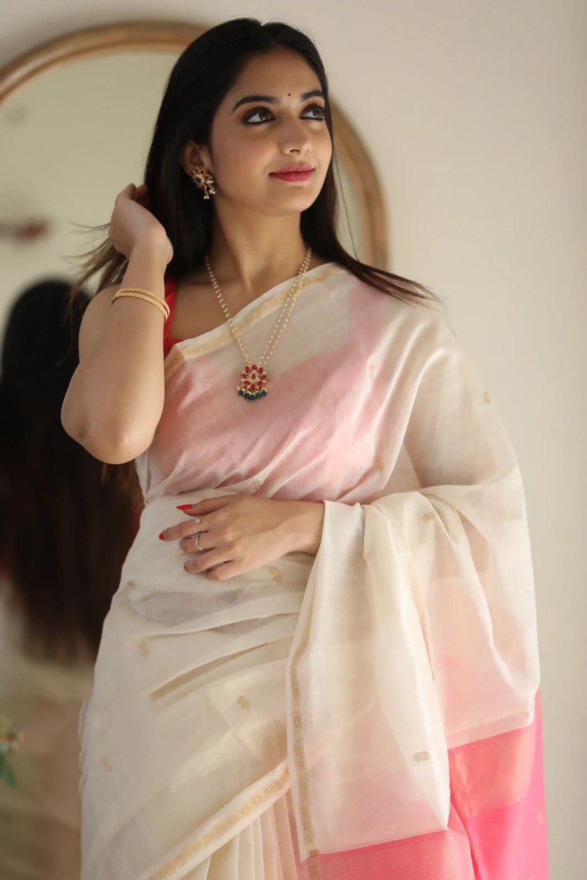 Dissemble White Cotton Silk Saree With Effervescent Blouse Piece