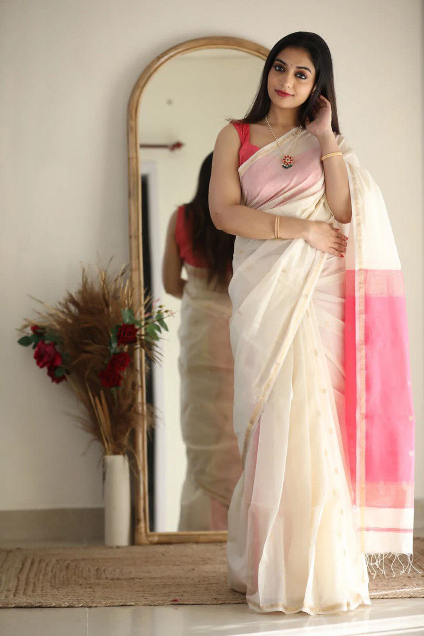 Dissemble White Cotton Silk Saree With Effervescent Blouse Piece