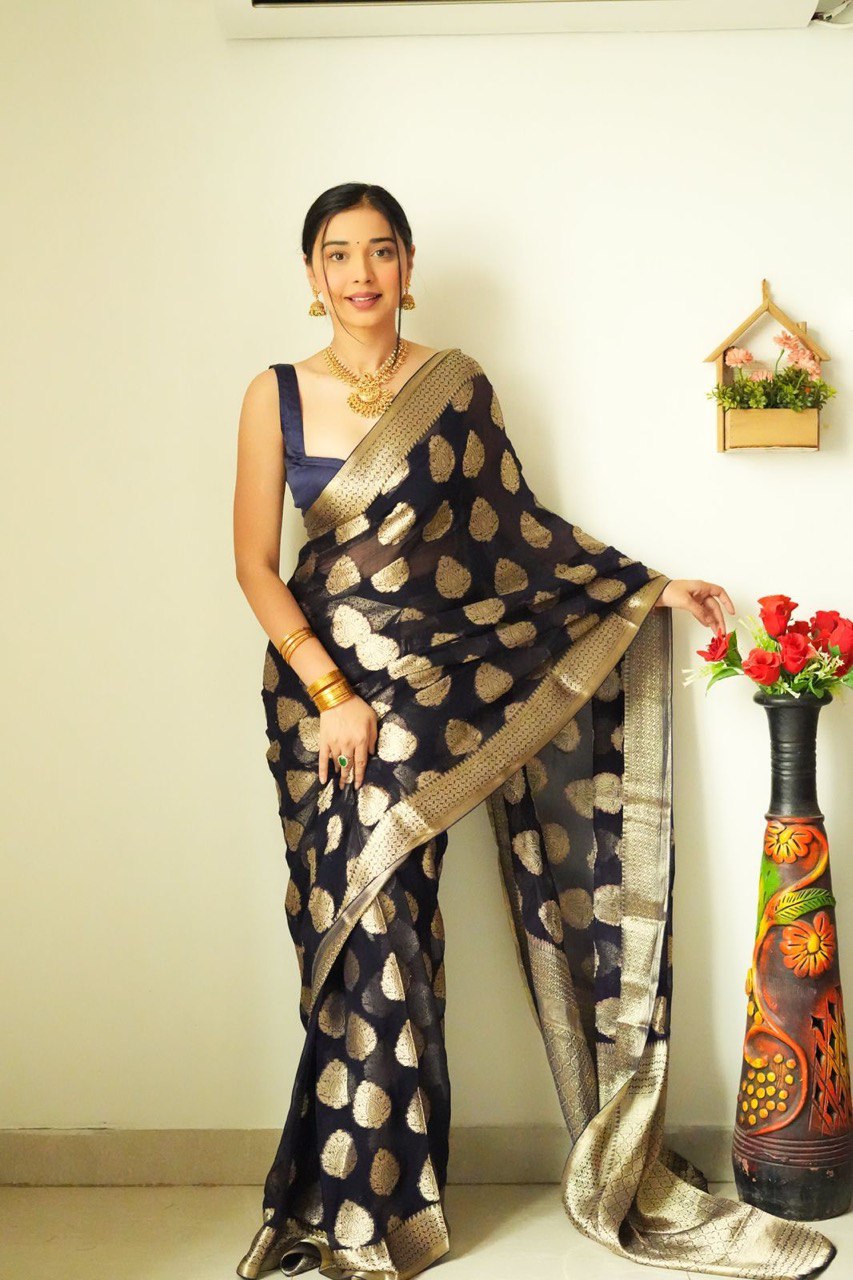 Jazzy 1-Minute Ready To Wear Black Soft Silk Saree