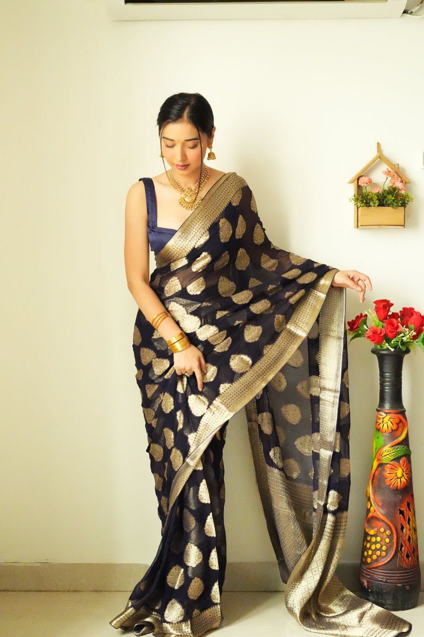 Jazzy 1-Minute Ready To Wear Black Soft Silk Saree