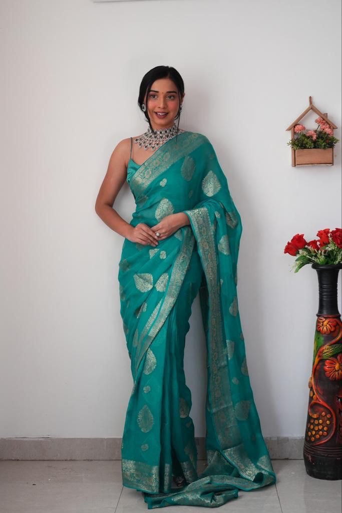 Impressive 1-Minute Ready To Wear Sea Green Soft Silk Saree