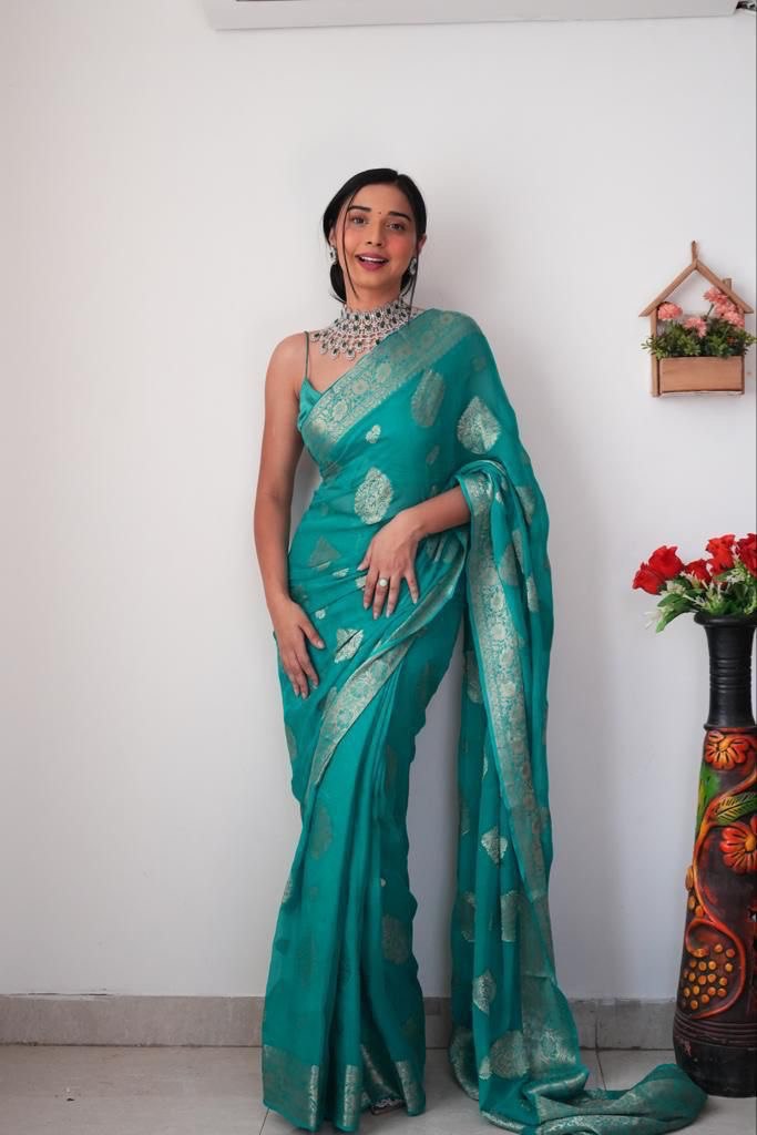 Impressive 1-Minute Ready To Wear Sea Green Soft Silk Saree