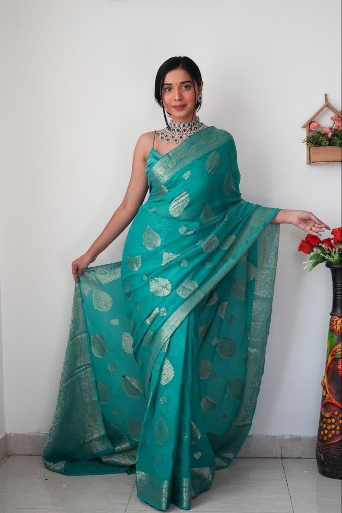 Impressive 1-Minute Ready To Wear Sea Green Soft Silk Saree