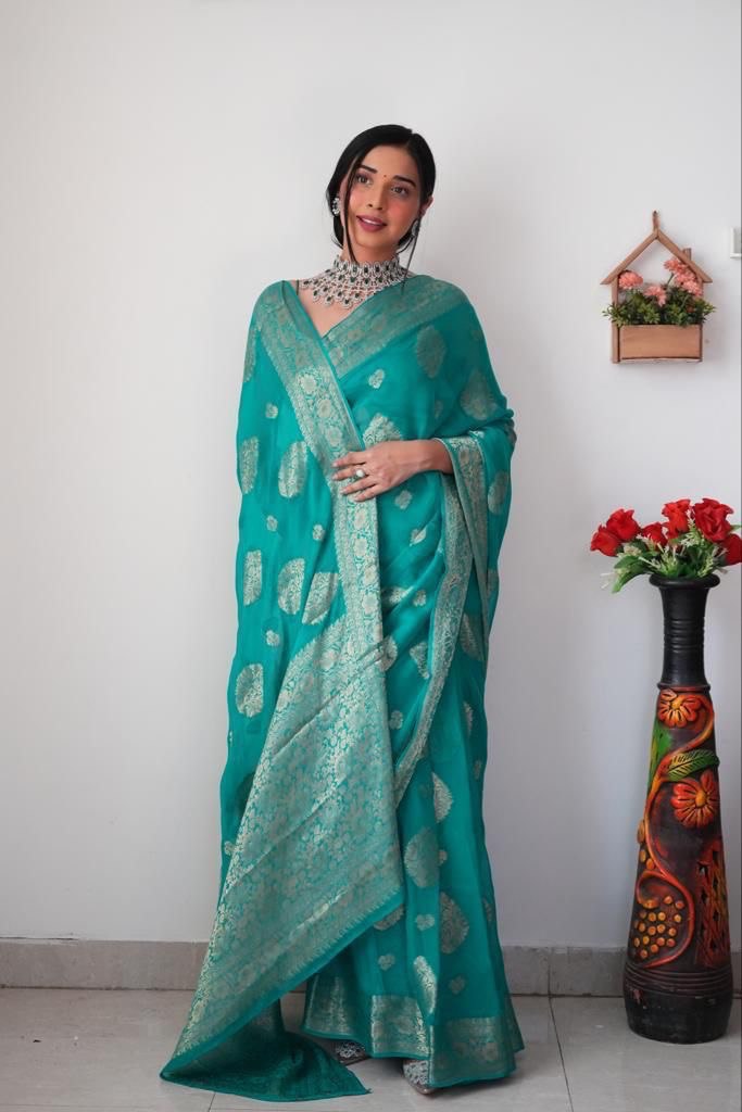 Impressive 1-Minute Ready To Wear Sea Green Soft Silk Saree