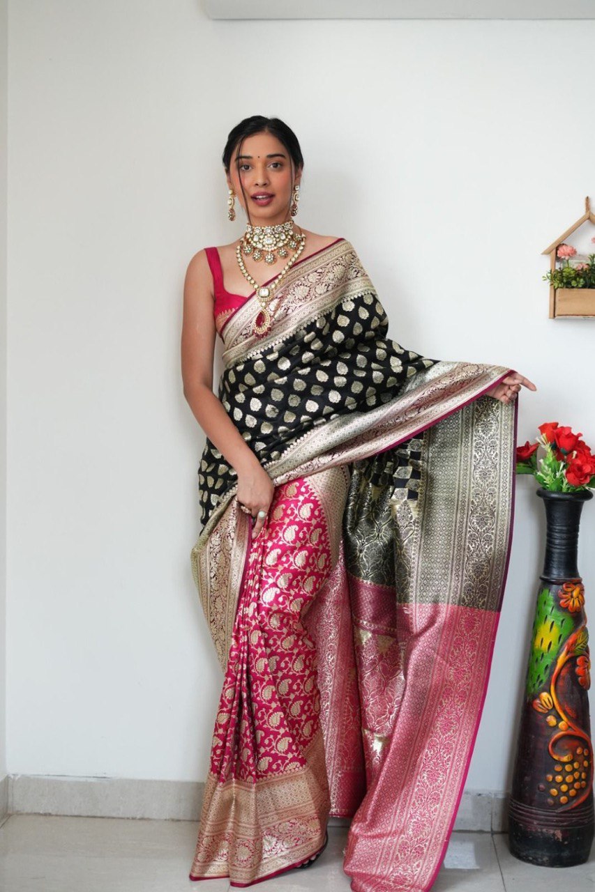 Eye-catching 1-Minute Ready To Wear Black Soft Silk Saree