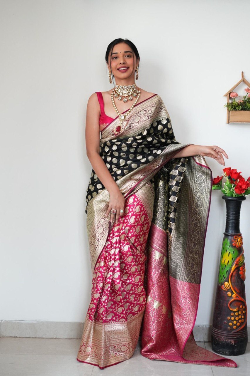 Eye-catching 1-Minute Ready To Wear Black Soft Silk Saree