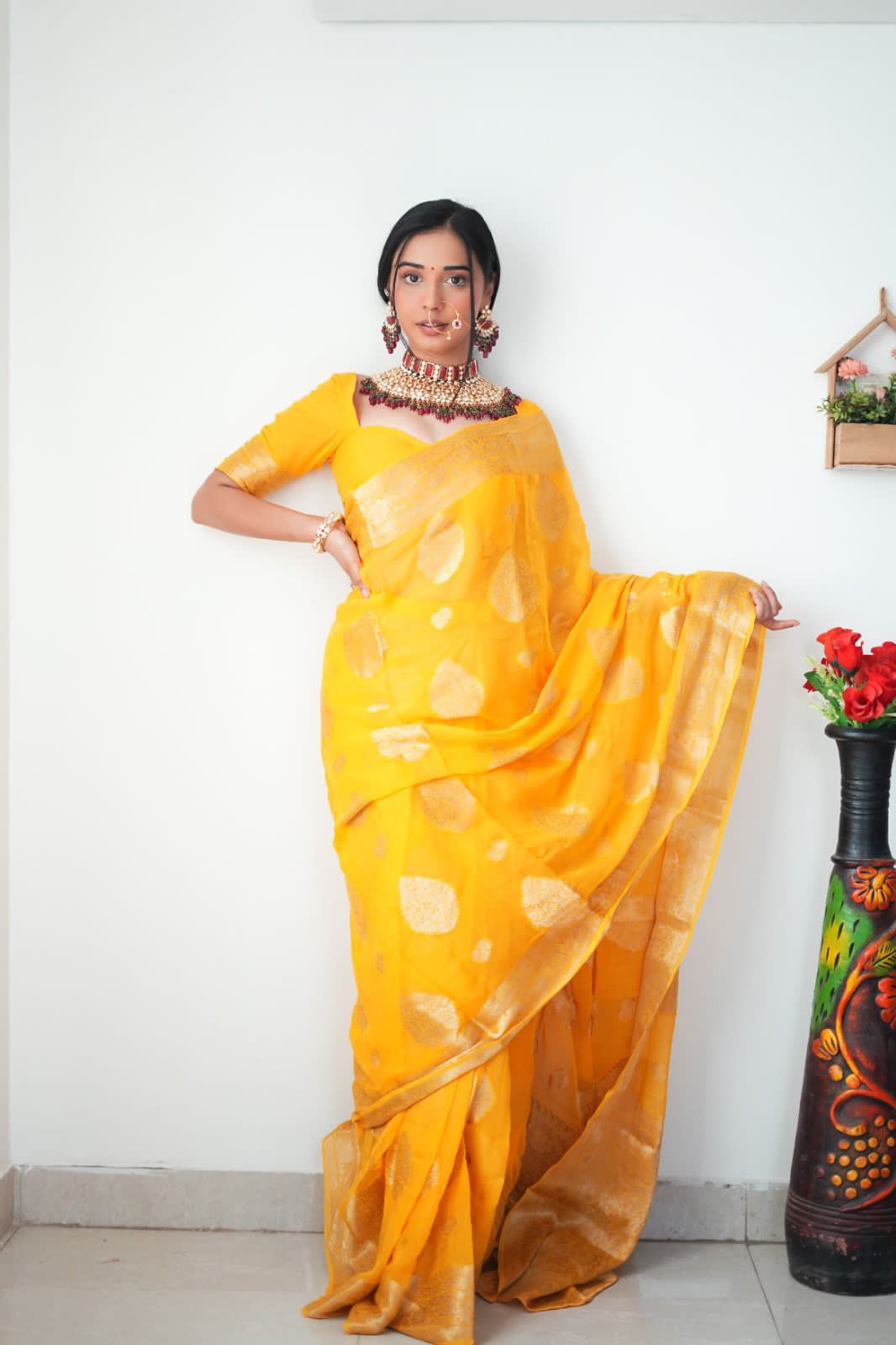 Designer 1-Minute Ready To Wear Yellow Cotton Silk Saree