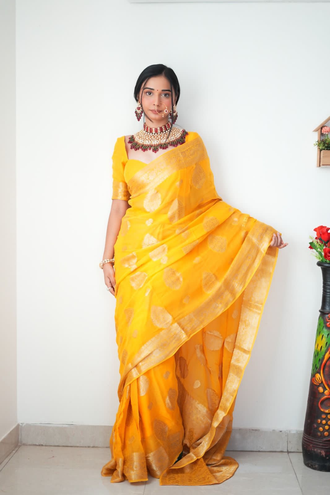 Designer 1-Minute Ready To Wear Yellow Cotton Silk Saree