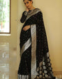 Staring Black Cotton Silk Saree With Ailurophile Blouse Piece