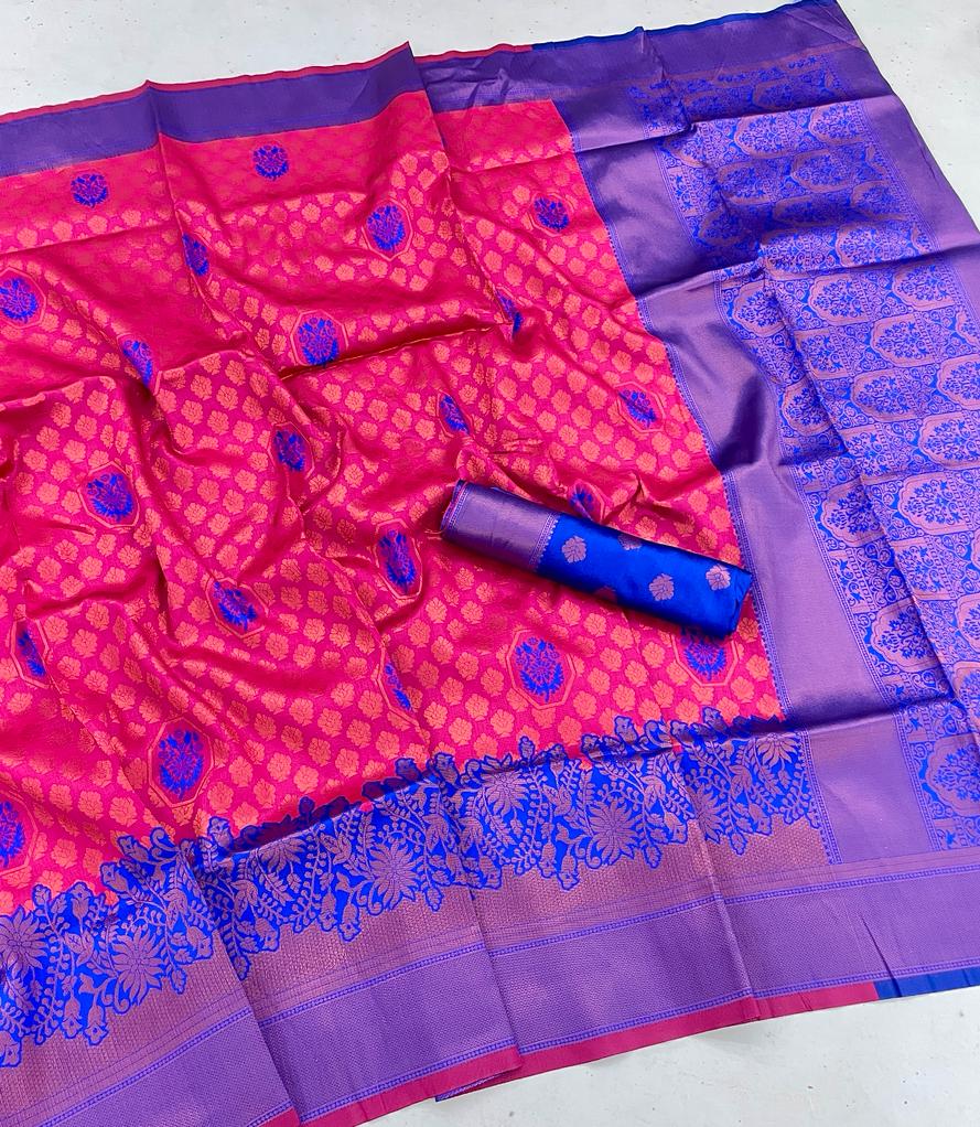 Alluring Dark Pink Soft Banarasi Silk Saree With Marvellous Blouse Piece