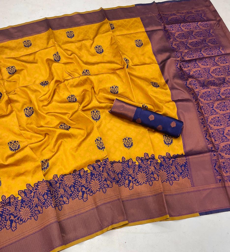 Sizzling Mustard Soft Banarasi Silk Saree With Mesmerising Blouse Piece