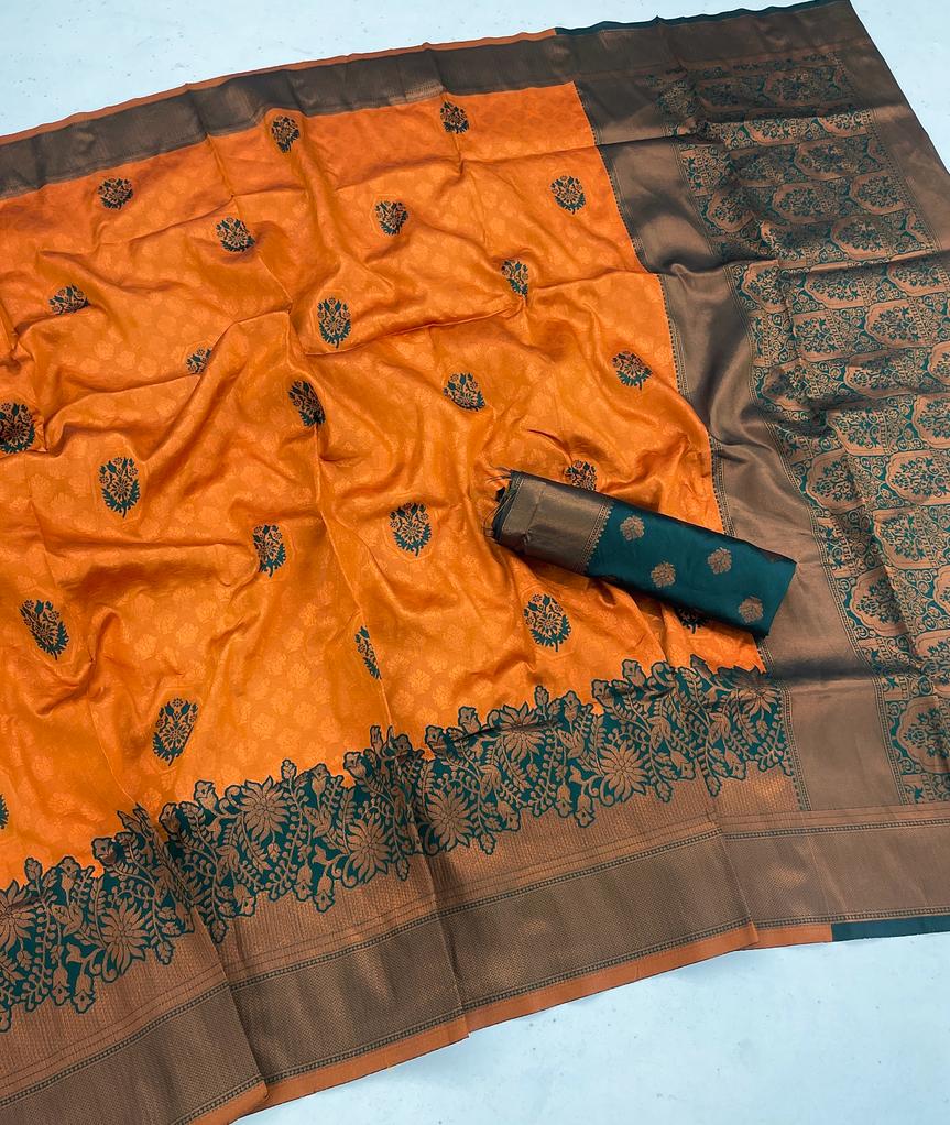 Flaunt Orange Soft Banarasi Silk Saree With Wonderful Blouse Piece