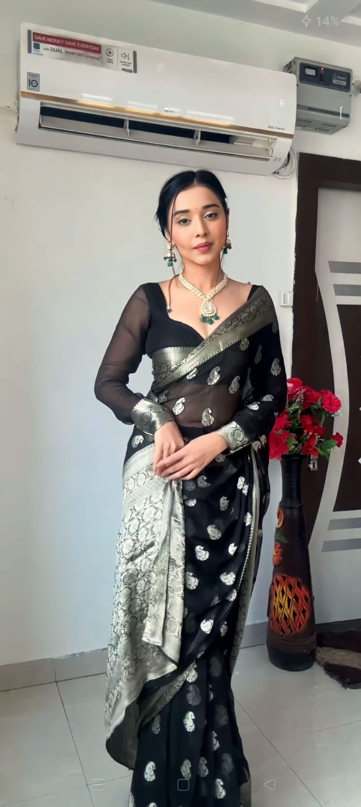 Trendy Stunning 1-Minute Ready To Wear Black Cotton Silk Saree