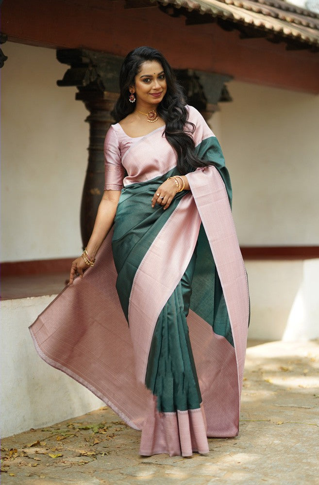 Skinny Dark Green Soft Silk Saree With Intricate Blouse Piece