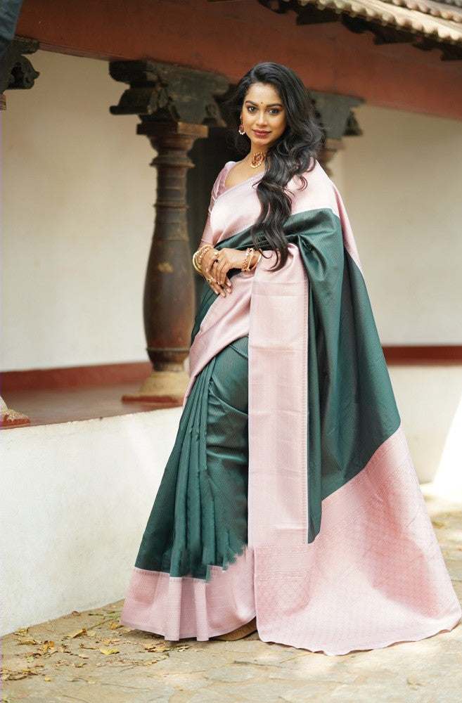 Skinny Dark Green Soft Silk Saree With Intricate Blouse Piece