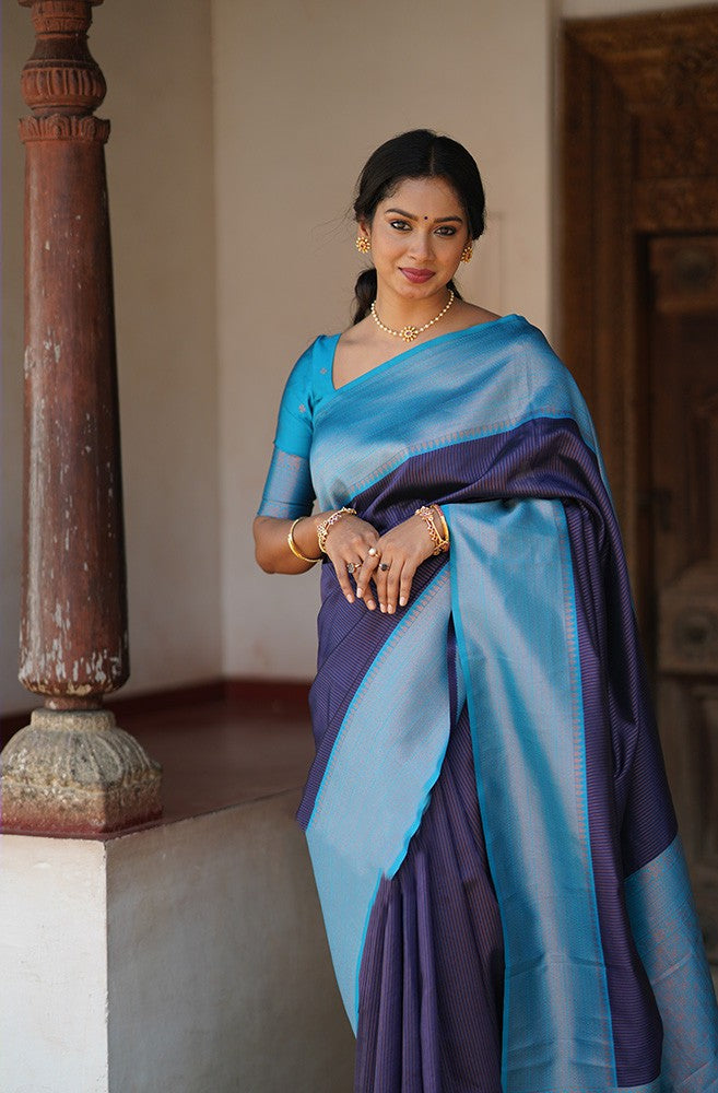 Sophisticated Navy Blue Soft Silk Saree With Beautiful Blouse Piece