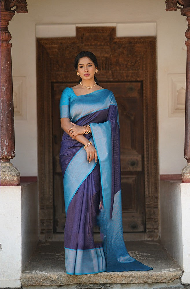 Sophisticated Navy Blue Soft Silk Saree With Beautiful Blouse Piece