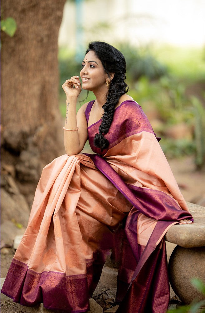 Captivating Peach Soft Silk Saree With Propinquity Blouse Piece