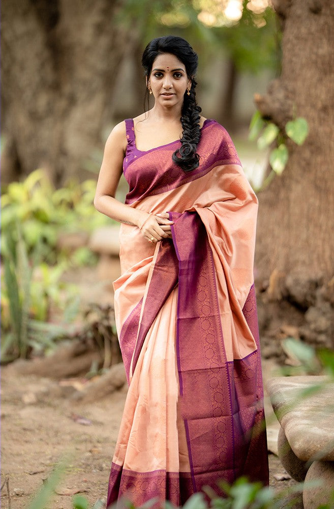 Captivating Peach Soft Silk Saree With Propinquity Blouse Piece