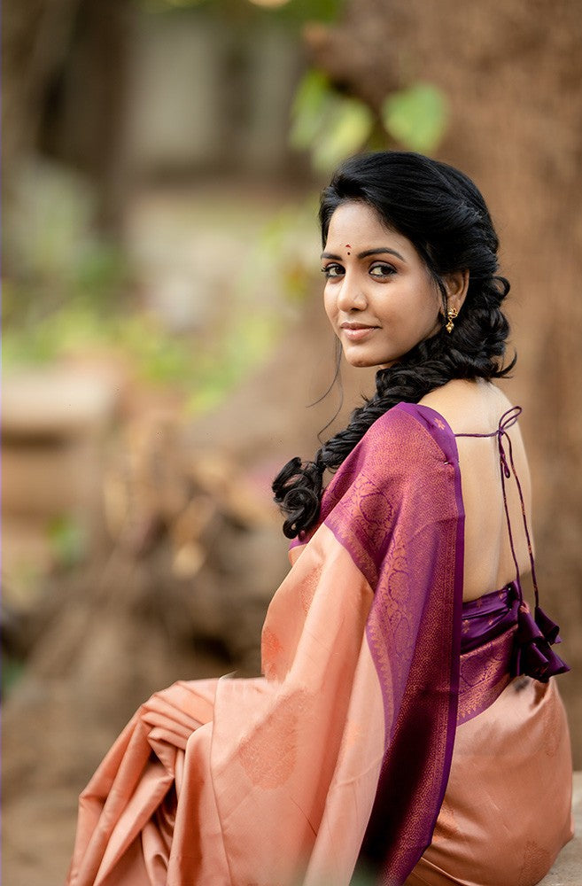 Captivating Peach Soft Silk Saree With Propinquity Blouse Piece