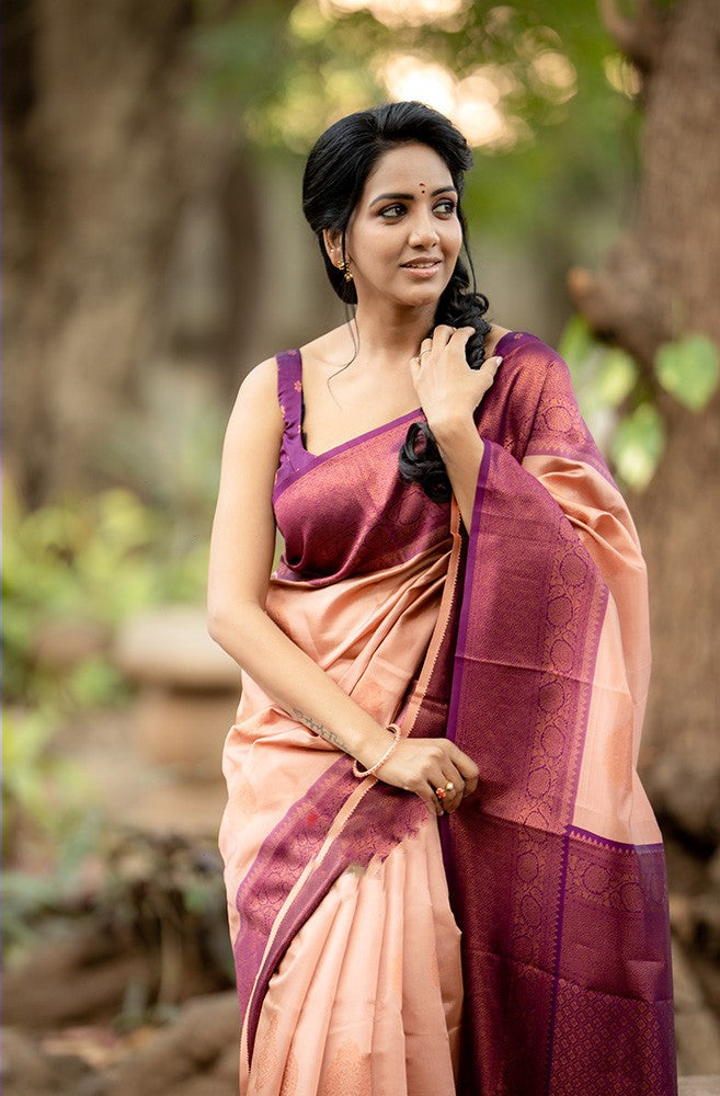 Captivating Peach Soft Silk Saree With Propinquity Blouse Piece