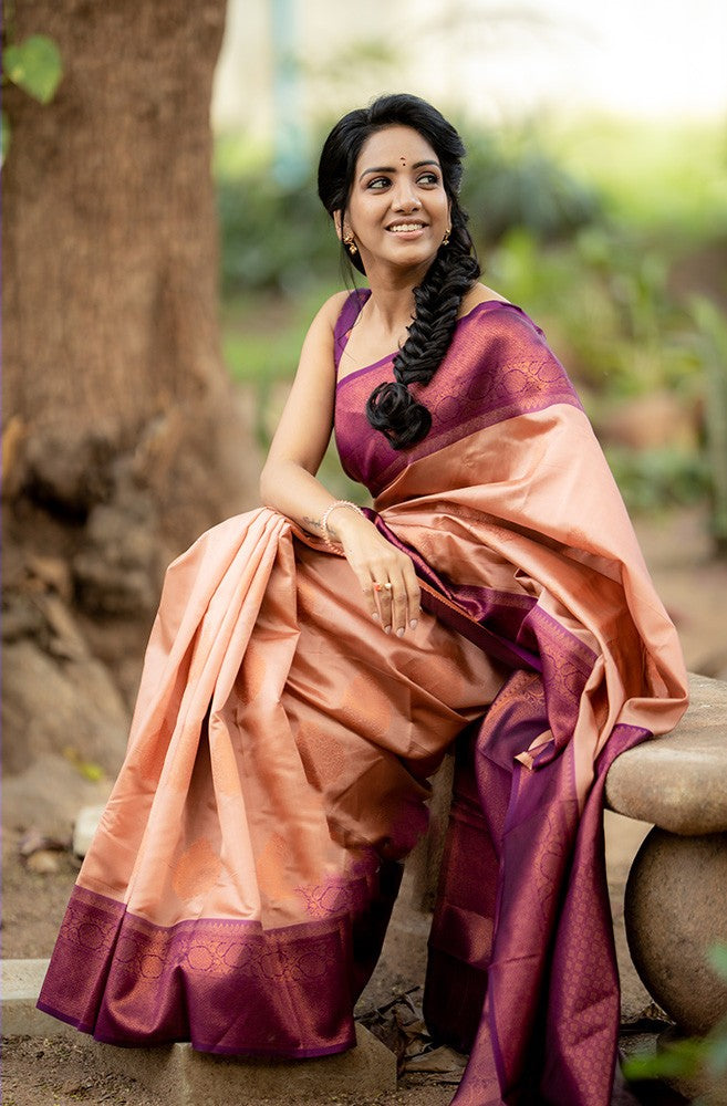 Captivating Peach Soft Silk Saree With Propinquity Blouse Piece