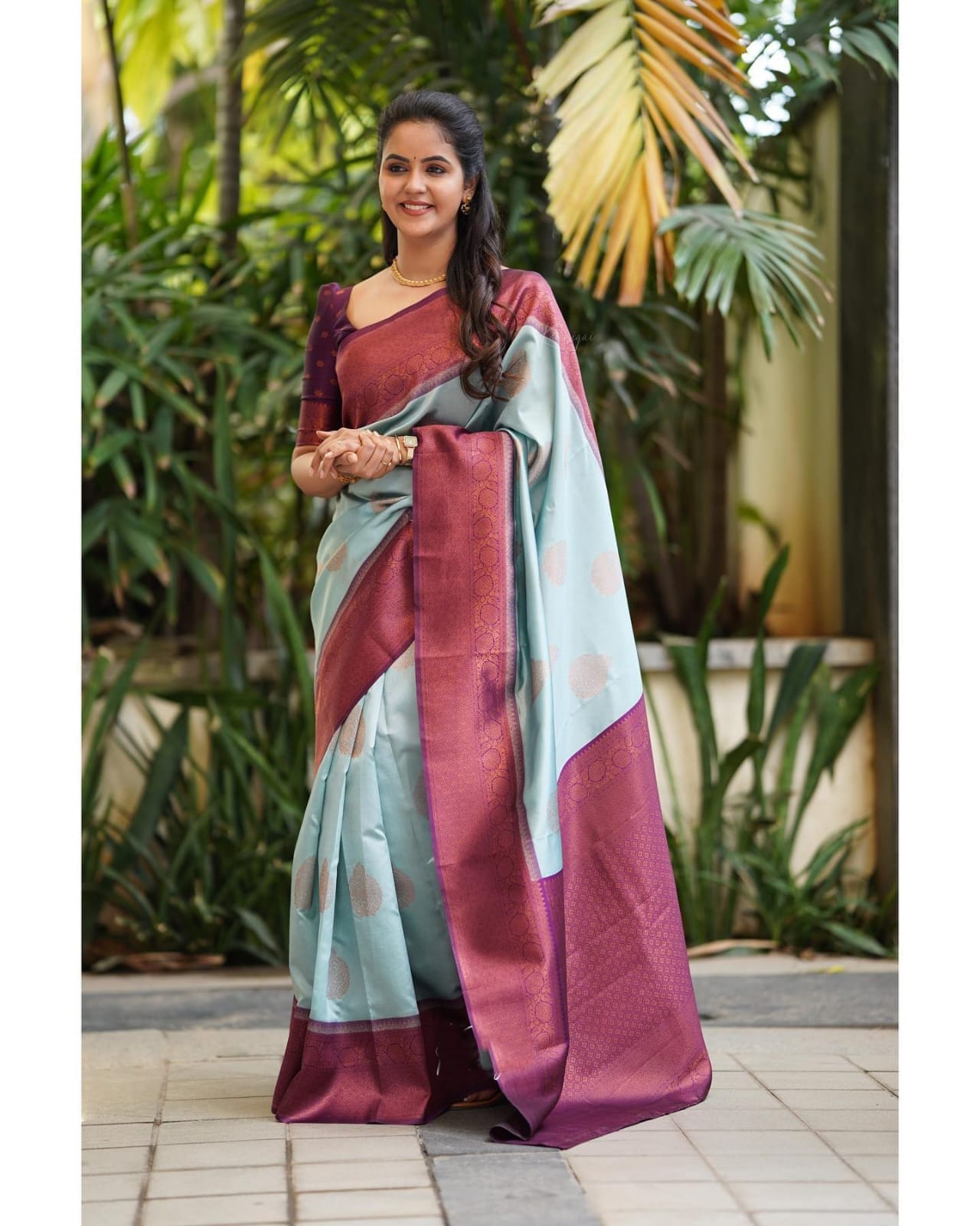 Smashing Sky Soft Silk Saree With Exuberant Blouse Piece