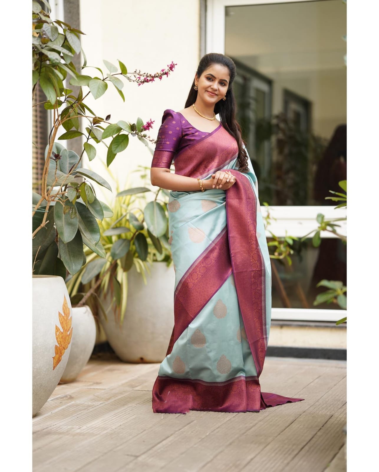 Smashing Sky Soft Silk Saree With Exuberant Blouse Piece