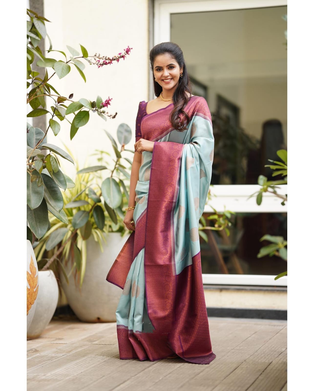 Smashing Sky Soft Silk Saree With Exuberant Blouse Piece