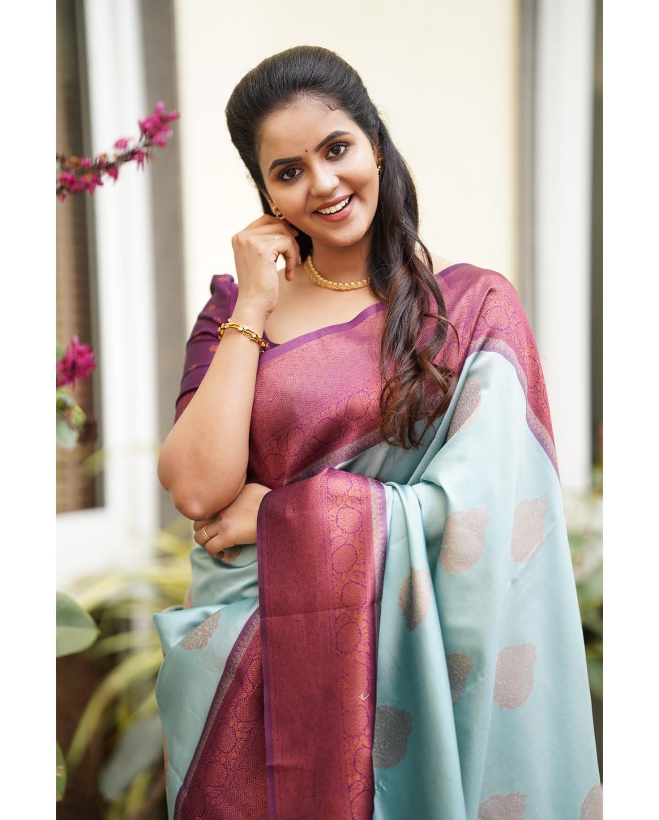 Smashing Sky Soft Silk Saree With Exuberant Blouse Piece