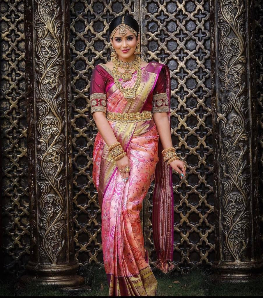 Lustrous Pink Soft Silk Saree With Fairytale Blouse Piece