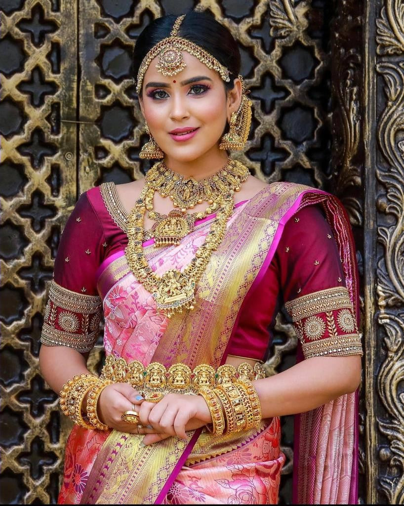 Lustrous Pink Soft Silk Saree With Fairytale Blouse Piece