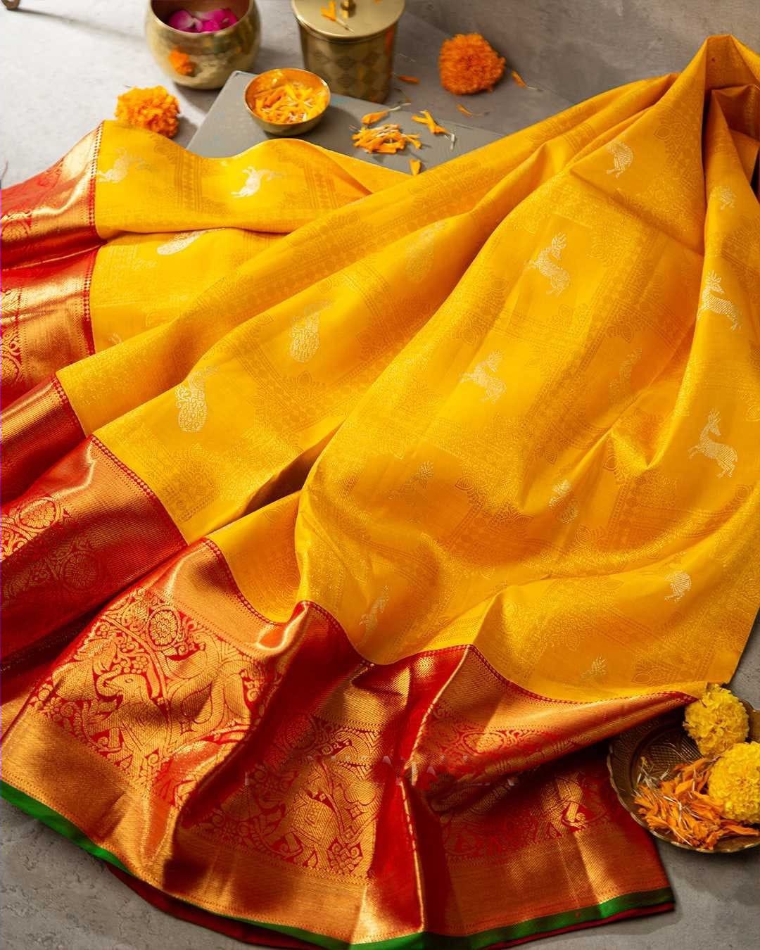 Flattering Yellow Soft Silk Saree With Adoring Blouse Piece