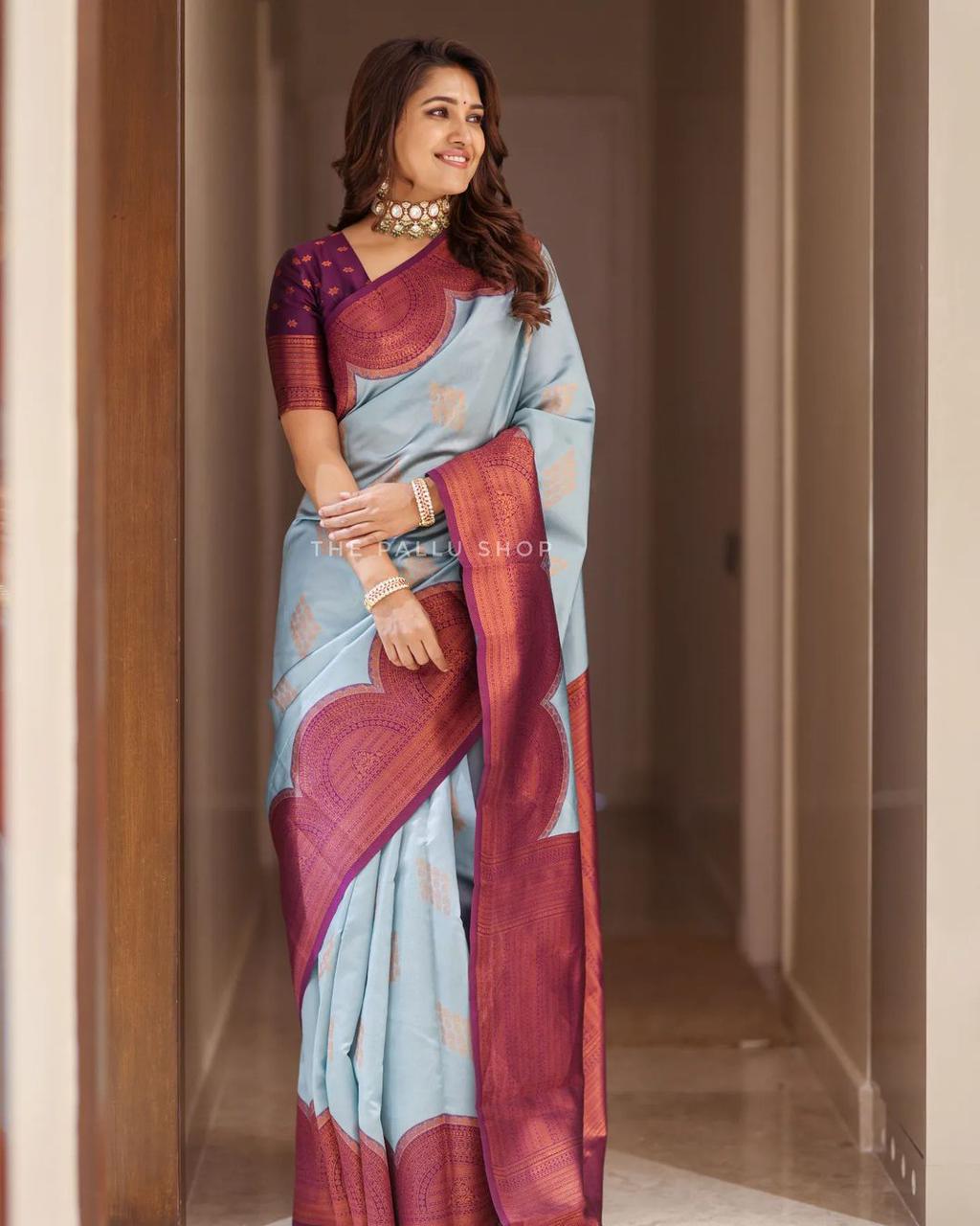 Gratifying Sky Soft Silk Saree With Splendiferous Blouse Piece