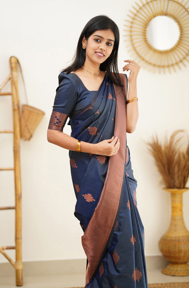 Imaginative Navy Blue Soft Silk Saree With Blissful Blouse Piece