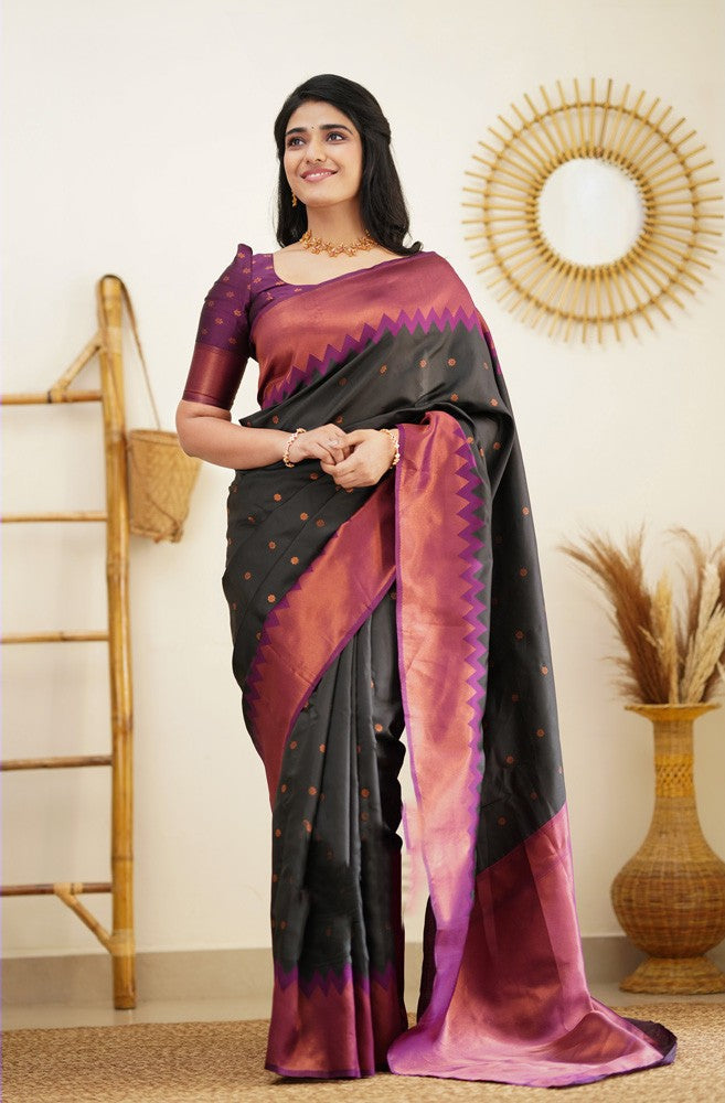 Palimpsest Black Soft Silk Saree With Hypnotic Blouse Piece