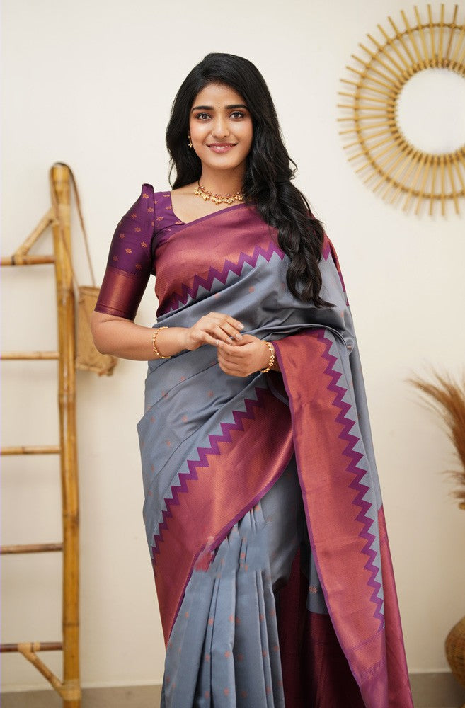 Fugacious Grey Soft Silk Saree With Arresting Blouse Piece