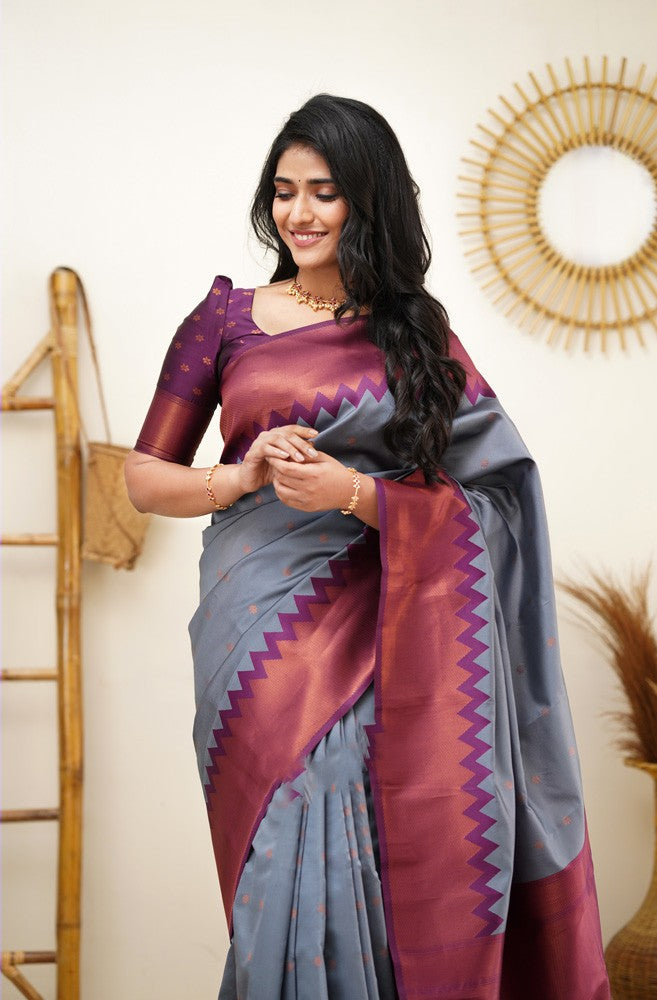 Fugacious Grey Soft Silk Saree With Arresting Blouse Piece