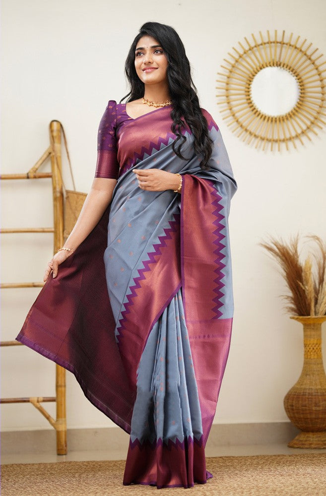 Fugacious Grey Soft Silk Saree With Arresting Blouse Piece