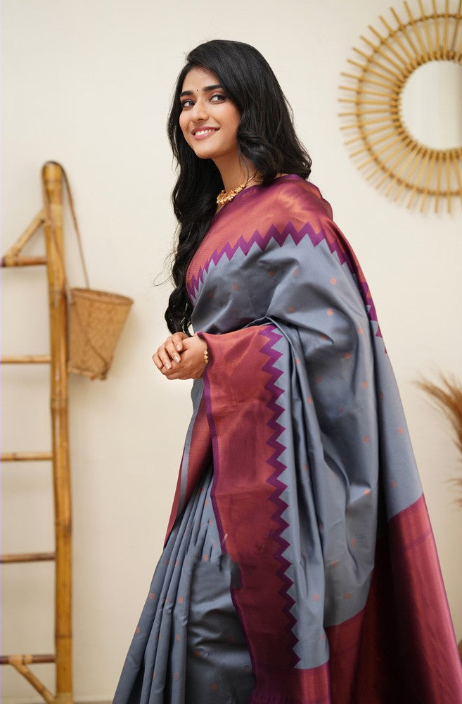 Fugacious Grey Soft Silk Saree With Arresting Blouse Piece