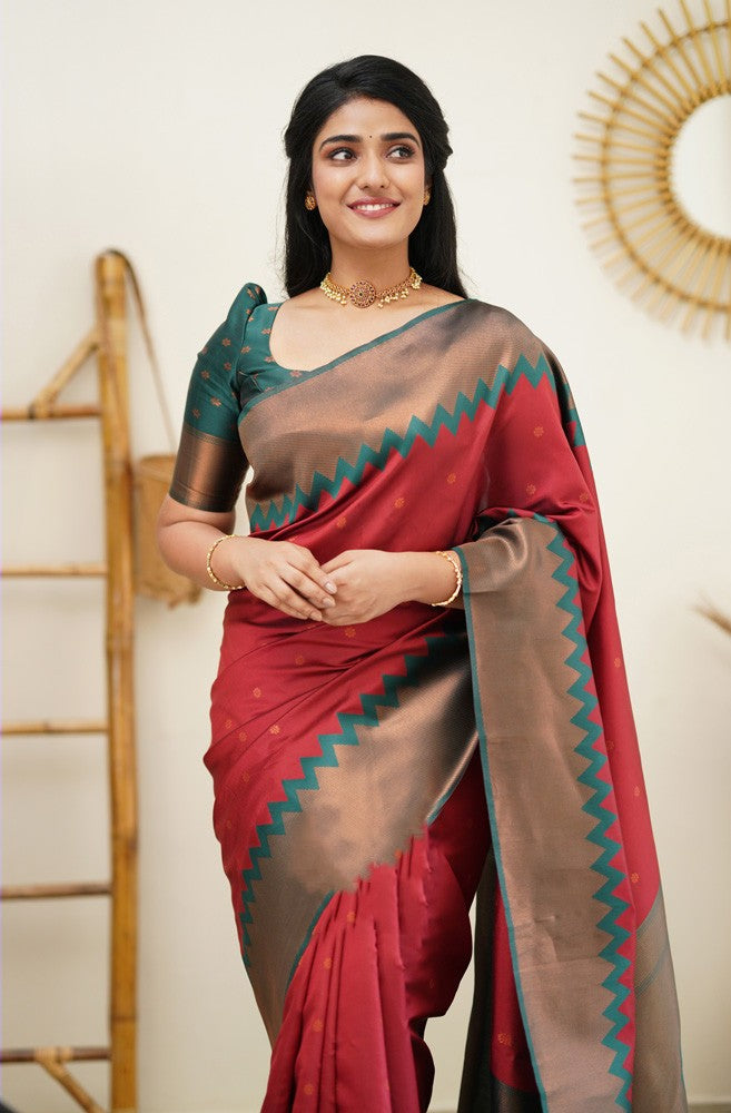 Ephemeral Maroon Soft Silk Saree With Adorable Blouse Piece