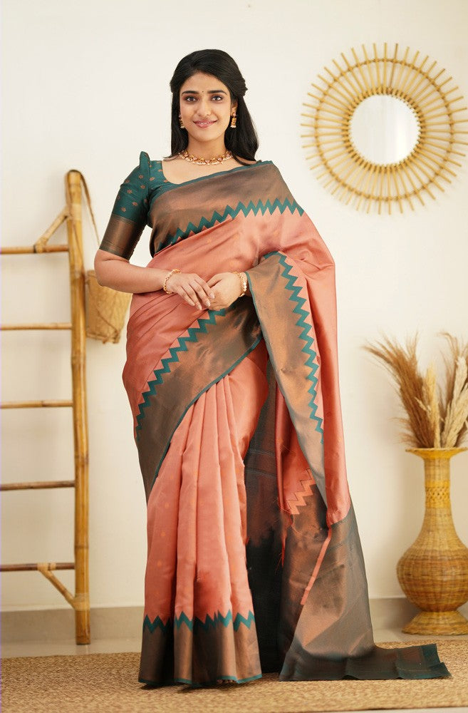 Ebullience Peach Soft Silk Saree With Breathtaking Blouse Piece